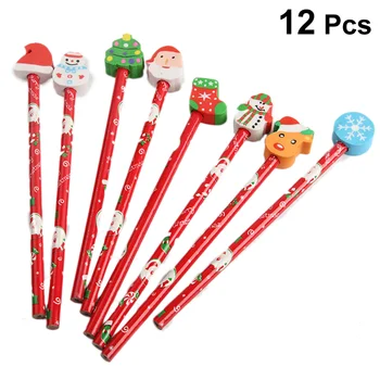 12 шт. карандаш с рождественским рисунком, ластик, креативный школьный карандаш, канцелярские принадлежности для детей (случайный узор)