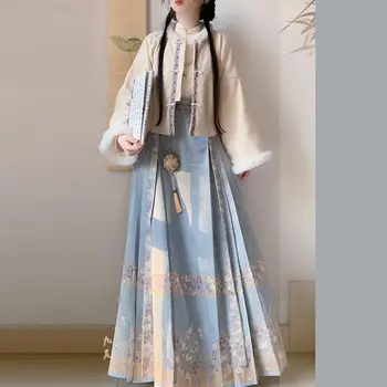 2024 китайская утолщенная женская плюшевая юбка hanfu han element с лошадиным лицом, женская повседневная юбка в осенне-зимнем стиле hanfu set