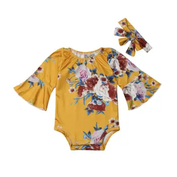 Боди с длинными рукавами и цветочным узором для новорожденных девочек 2019 года + повязка на голову, комплект одежды, размер 0-24 м