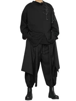 Дизайн в стиле Ямамото, Черные мужские повседневные широкие брюки свободного кроя, плюс размер, технологичная одежда, Темные модные брюки
