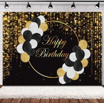 Золотой Блестящий Фон для фотосъемки на День рождения для черно-белых воздушных шаров Тема для взрослых Настроить Баннер для Фотосессии