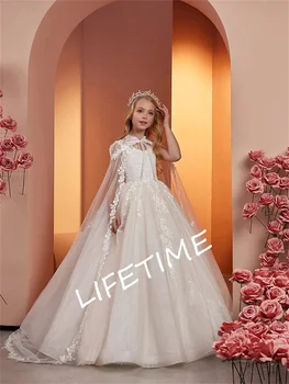 Изысканное бальное платье принцессы с пайетками цвета слоновой кости, костюмы для первого причастия, платья для девочек в цветочек на свадьбу с накидкой