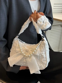 Легкая деловая повседневная сумка Argyle Princess с искусственным жемчугом, украшенная цепочкой из страз, Жаккардовая сумка-хобо с бантом, сумка через плечо