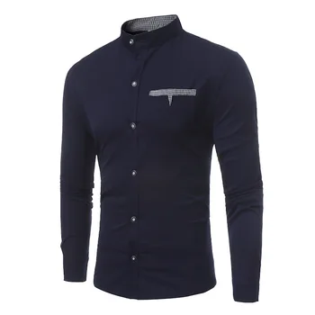 Лоскутная клетчатая рубашка с воротником-стойкой в стиле пэчворк для мужчин 2022, приталенные мужские рубашки с длинным рукавом, рабочая деловая Повседневная Социальная сорочка Homme