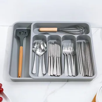 Лоток для хранения посуды из полипропилена, Расширяемый Органайзер для ящиков для посуды на 6 отделений, Черный / Серый Органайзер для ящиков для ножей и вилок