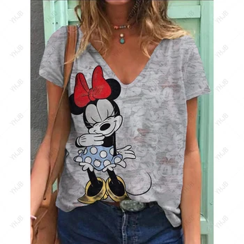 Модная красная футболка Disney с Микки Маусом и Минни, женская футболка с V-образным вырезом, футболка с мультяшным принтом, Уличное платье, Элегантный женский топ