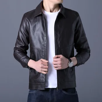 Осенняя куртка из искусственной кожи с лацканами, простой однотонный карман на молнии, мужская кожаная мотоциклетная куртка большого размера, veste en cuir
