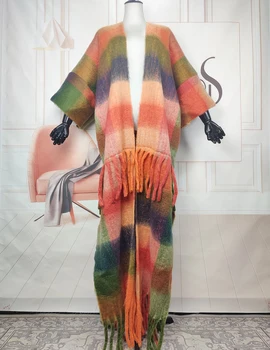 Популярные в Америке Осенне-зимние женские длинные кардиганы свободного размера в разноцветную полоску 2023 года, свободные кимоно для африканской леди.