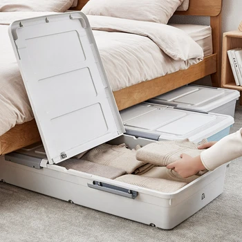 Ящики для хранения Nordic Home с низким выдвижным ящиком под кроватью, Плоские Пластиковые ящики для хранения большой емкости, органайзер под кроватью с колесиком