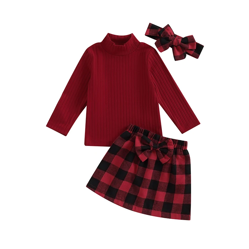 Рождественские наряды для маленьких девочек из 3 предметов, Топы в рубчик с длинным рукавом + Клетчатая юбка + Повязка на голову, Комплект детской рождественской одежды